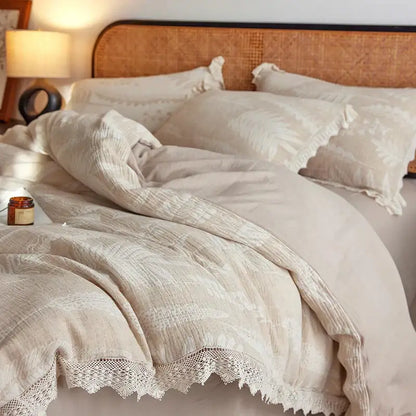 Beige linen bedding set with vintage lace trim and subtle fern embroidery made from health wrinkled yarn