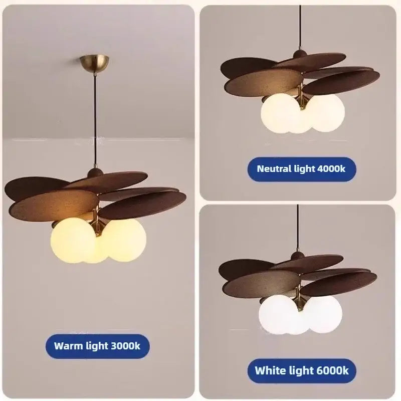 Vintage layered wood petal pendant light with dark brown leaf-shaped metal discs and brass accents for dining room lighting