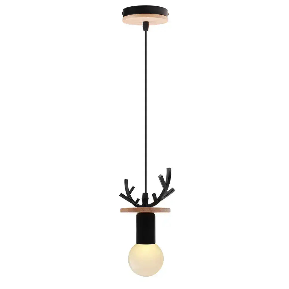 Black metal deer antler pendant light with wooden base and ceiling plate featuring exposed bulb for led wood ceiling use