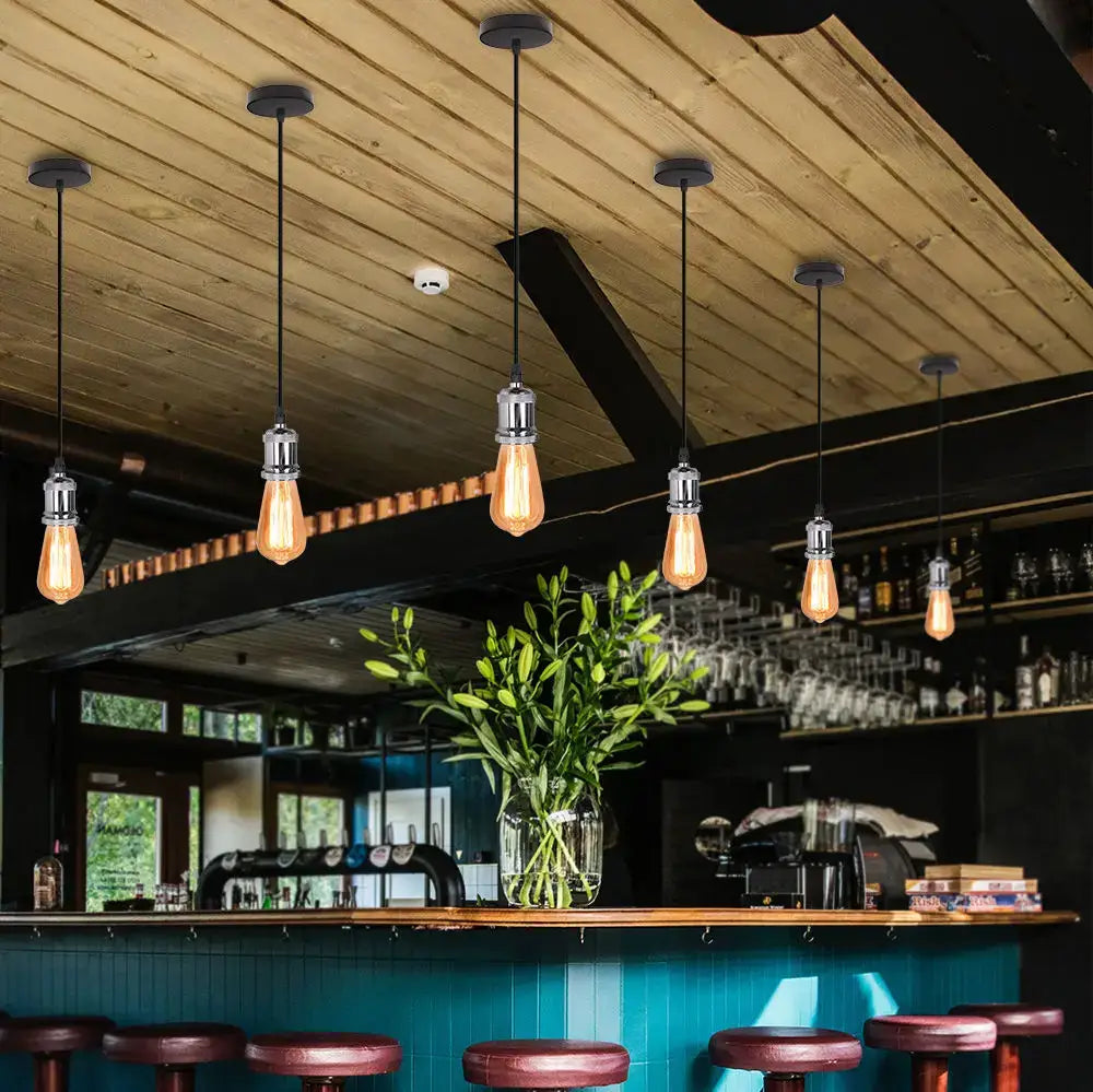 Vintage led wood ceiling pendant light with amber glass edison bulbs and chrome metal fixtures for dining room decorbites led wood