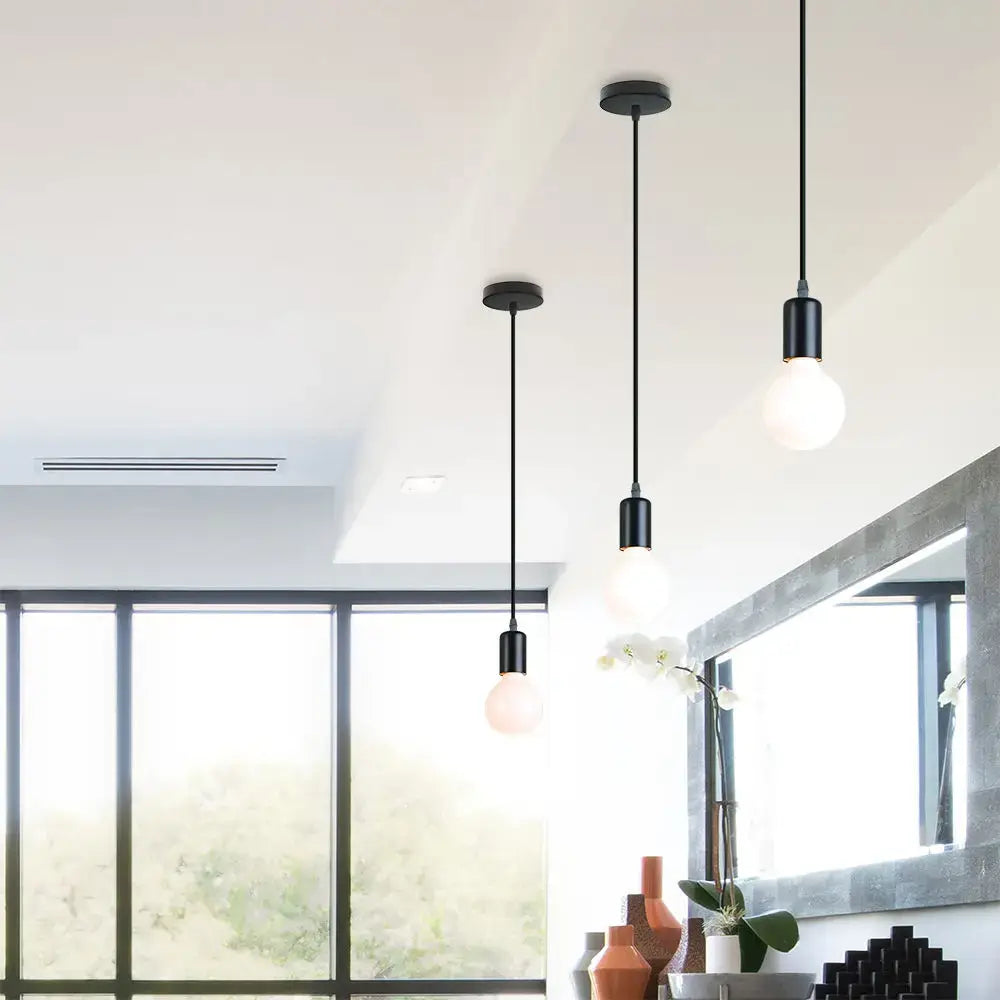 Three black vintage led wood ceiling pendant lights with frosted glass bulbs for dining room decorbites led wood