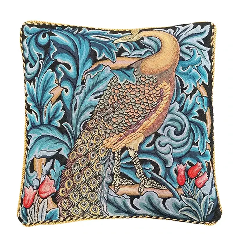 Vintage lion tapestry jacquard cushion cover featuring a detailed peacock with iridescent feathers and vibrant blue decorbites lion tapestry design