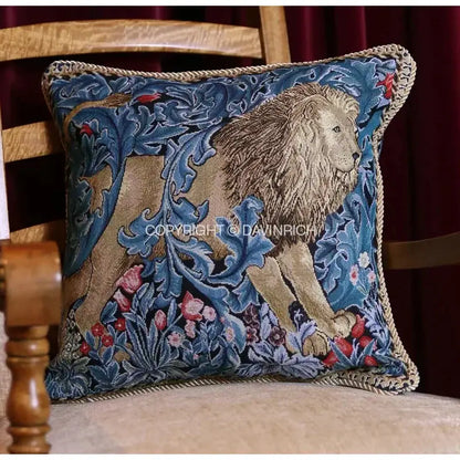Vintage lion tapestry jacquard cushion cover with intricate lion and ornate blue floral decorbites lion tapestry design