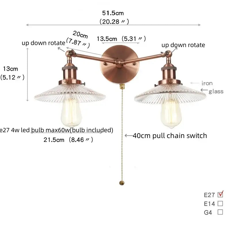 Vintage loft copper-toned wall lamp with two adjustable arms and clear glass shades for decorbites industrial vintage style