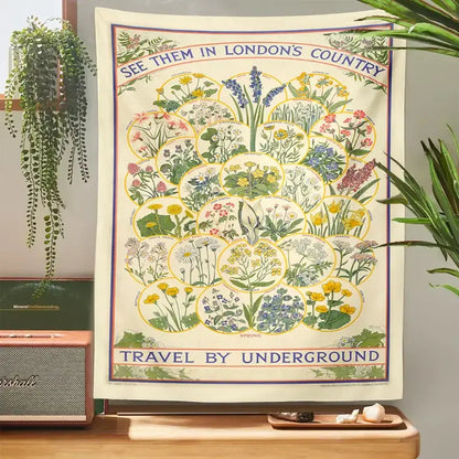 Cream-colored vintage london underground botanical wildflower tapestry wall hanging decorbites bedroom decor