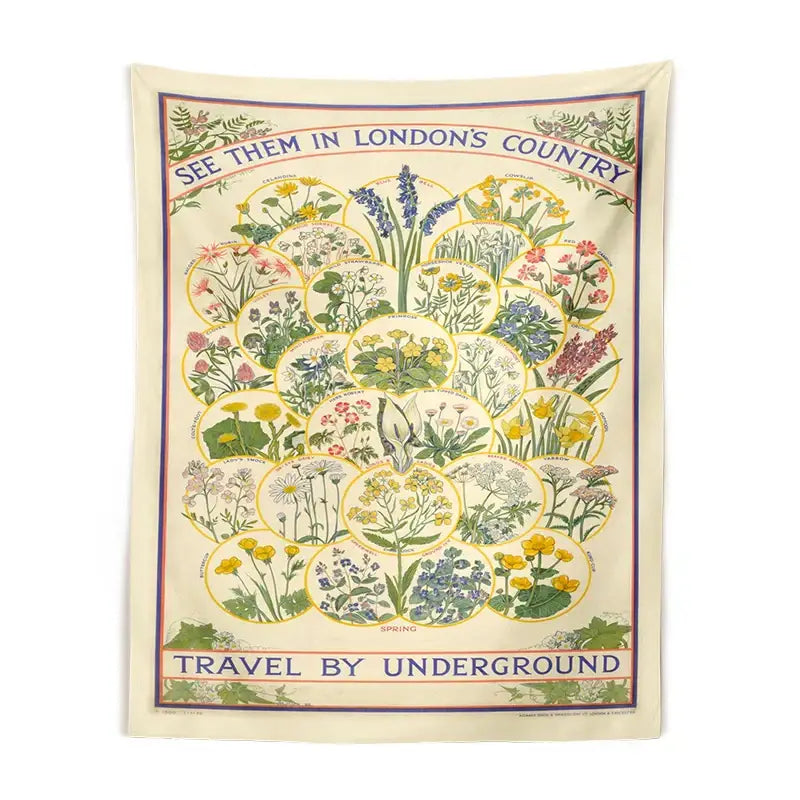 A cream-colored decorbites botanical wildflower tapestry wall hanging with vintage London underground floral design