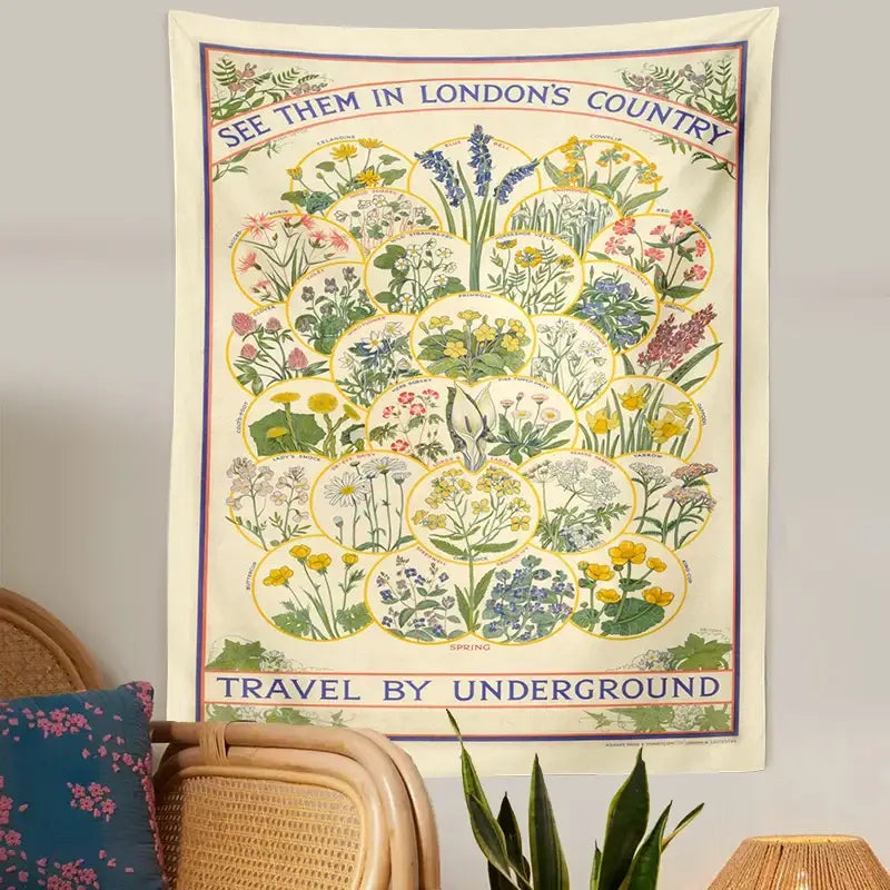A cream wall hanging featuring decorbites botanical wildflower tapestry with vintage london underground floral design