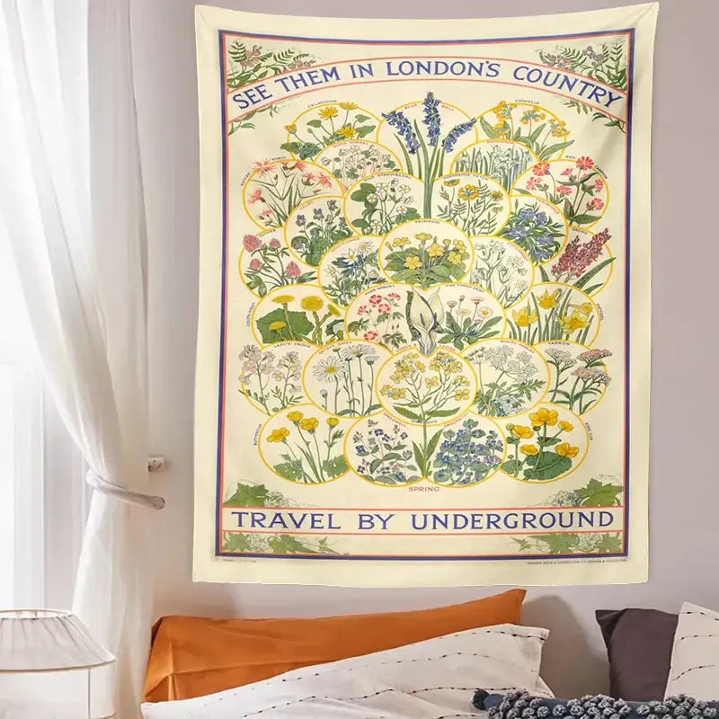 Cream-colored botanical wildflower tapestry wall hanging decorbites vintage london underground design for bedroom decor