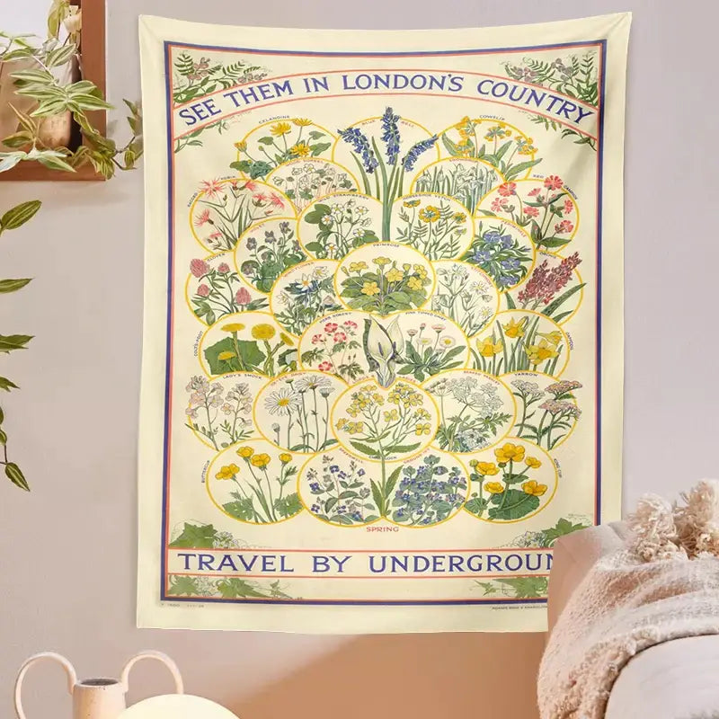 A cream-colored decorbites botanical wildflower tapestry wall hanging with vintage London Underground floral design