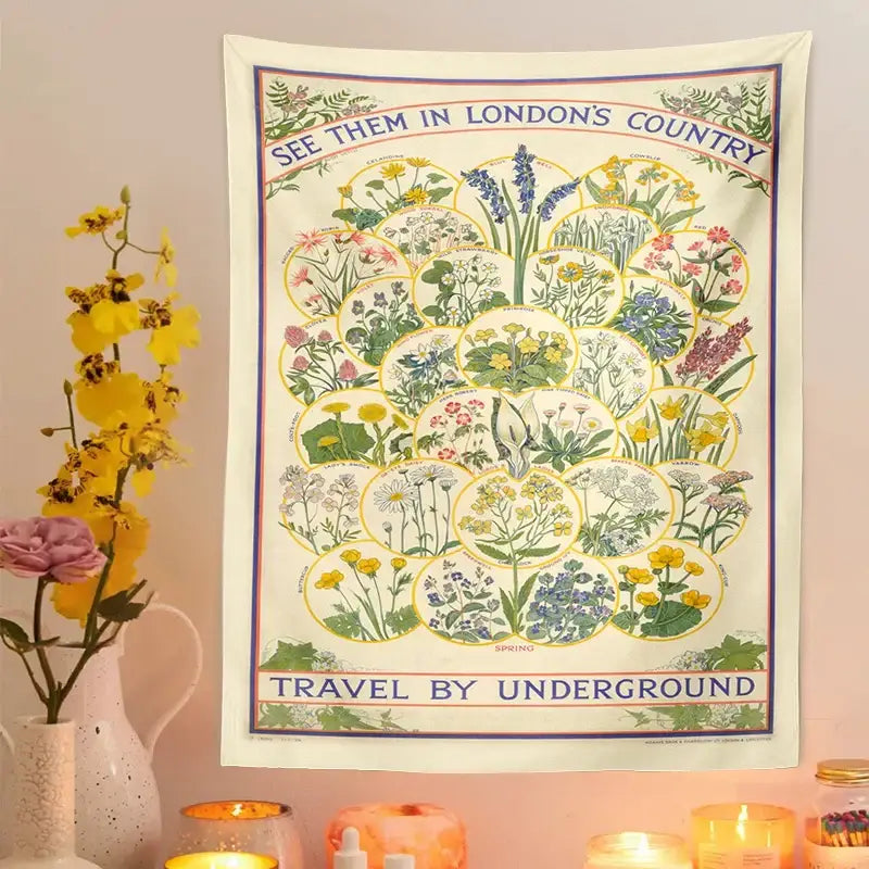Cream-colored vintage london underground botanical wildflower tapestry wall hanging featuring circular flower patterns