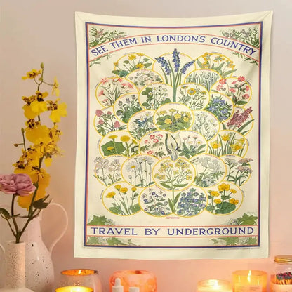 Cream-colored vintage london underground botanical wildflower tapestry wall hanging featuring circular flower patterns