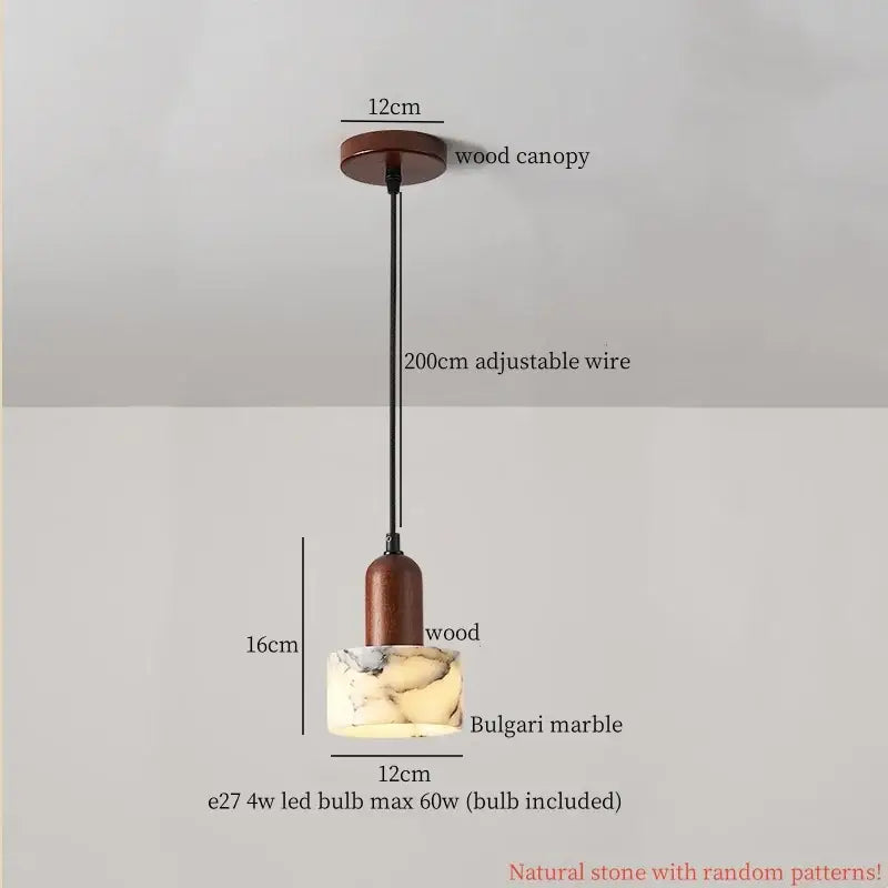 Vintage marbled glass ball led pendant light with warm brown wooden canopy and natural bulgari marble shade decorbites glass ball