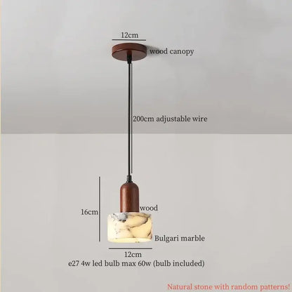 Vintage marbled glass ball led pendant light with warm brown wooden canopy and natural bulgari marble shade decorbites glass ball