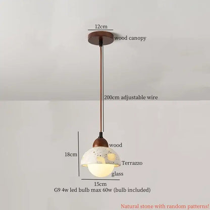 Vintage marbled glass ball led pendant light with wooden canopy, adjustable bronze wire, and 18cm terrazzo glass shade