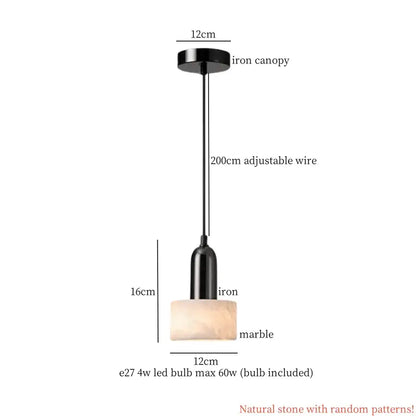 Black iron pendant light with rectangular marble base featuring natural stone patterns and included e27 4w glass ball led bulb
