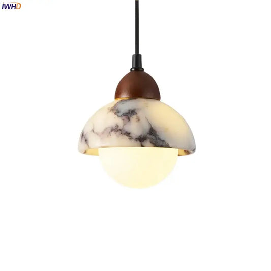 Vintage marbled glass ball led pendant light with warm-toned white gray shade and polished brown wood top by decorbites