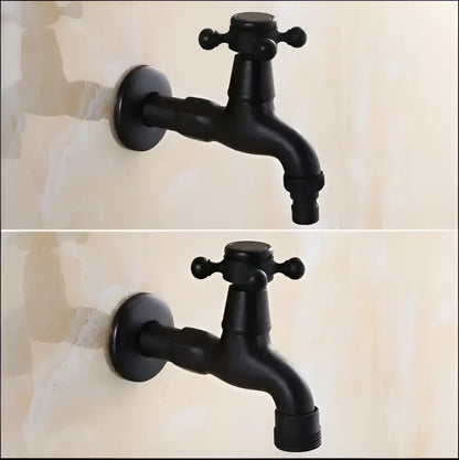 Black matte dual handle wall-mounted washing machine faucet tap with cross handles and threaded hose connectors for laundry room