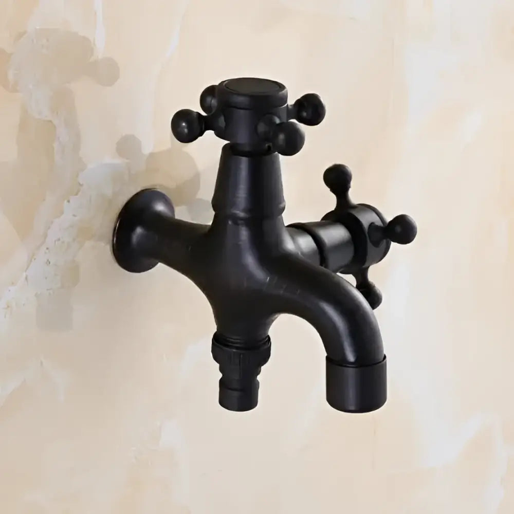 Vintage matte black dual handle washing machine faucet tap with black matte finish designed for laundry room use