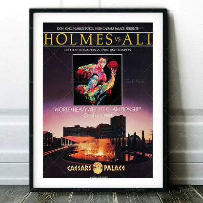 Black-framed decorbites boxing photo print featuring colorful Muhammad Ali and Holmes fight with Caesars Palace backdrop