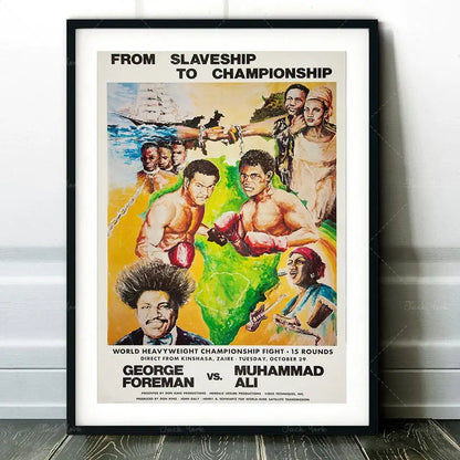 Black-framed decorbites boxing photo print featuring vibrant vintage muhammad ali vs george foreman illustration for living room wall art
