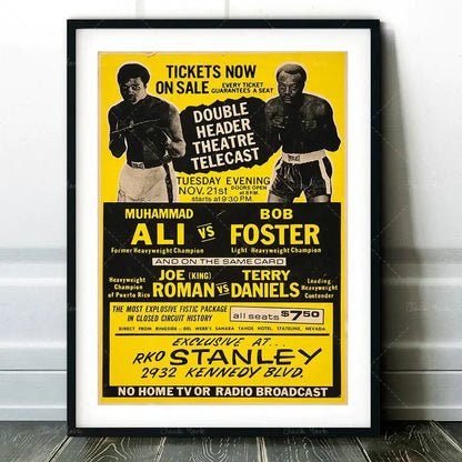 A vintage yellow and black framed muhammad ali boxing photo print perfect for living room wall art decorbites boxing photo