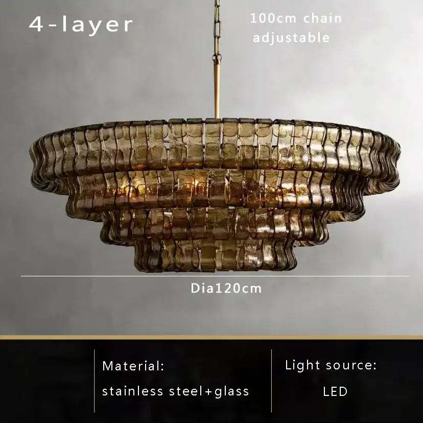 Vintage multi tier brown glass chandelier with textured amber glass and stainless steel frame for dining room decorbites brown glass