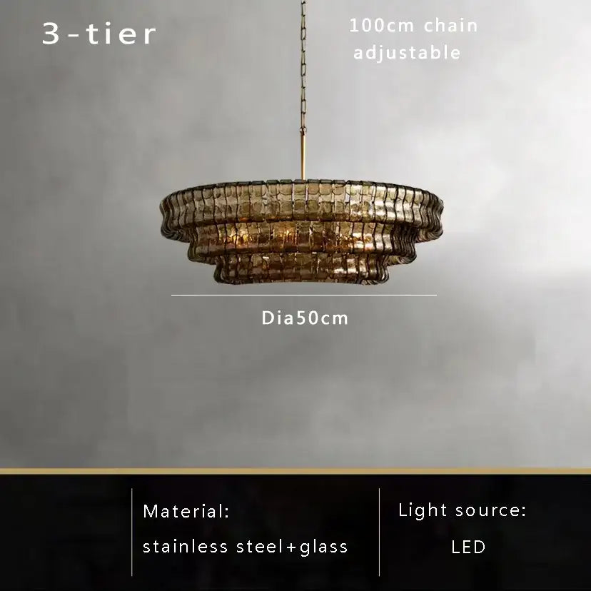 Vintage multi tier brown glass chandelier with golden textured glass and stainless steel frame for dining room decorbites brown glass
