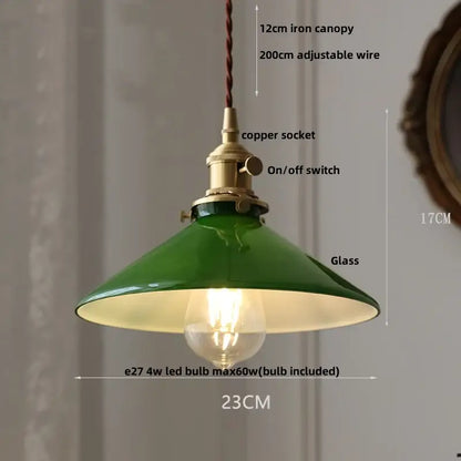 Vintage olive green glass led pendant lights with brass copper socket and switch for kitchen lighting