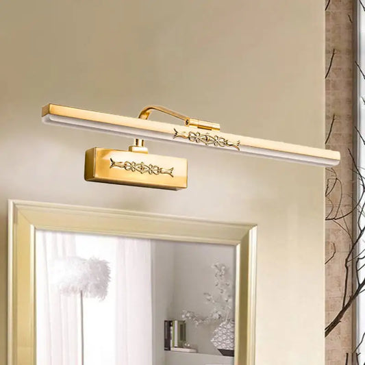 Vintage ornate brass finish integrated led sconce light with gold rectangular wall mount and decorative patterns for bedroom