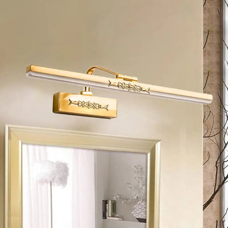 Vintage ornate brass finish integrated led sconce light with gold rectangular wall mount and decorative patterns for bedroom