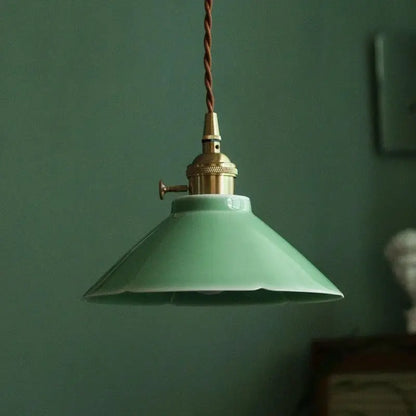 Vintage pale green cyan ceramic pendant light with brass fixture and twisted brown cord for dining room decorbites cyan ceramic led