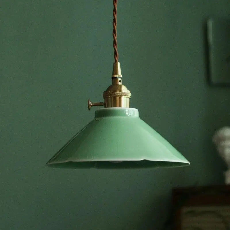 Vintage pale green cyan ceramic pendant light with brass fixture and twisted brown cord for dining room decorbites cyan ceramic led