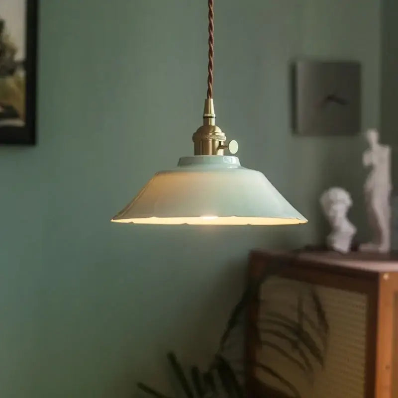 Vintage pale green ceramic pendant light with brass finish and twisted cord hanging lamp by decorbites ceramic led