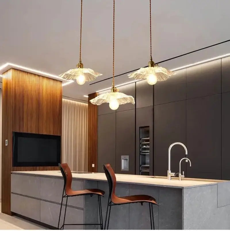 Three elegant vintage pendant lights with translucent petal glass shades and brass fixtures led bulb included