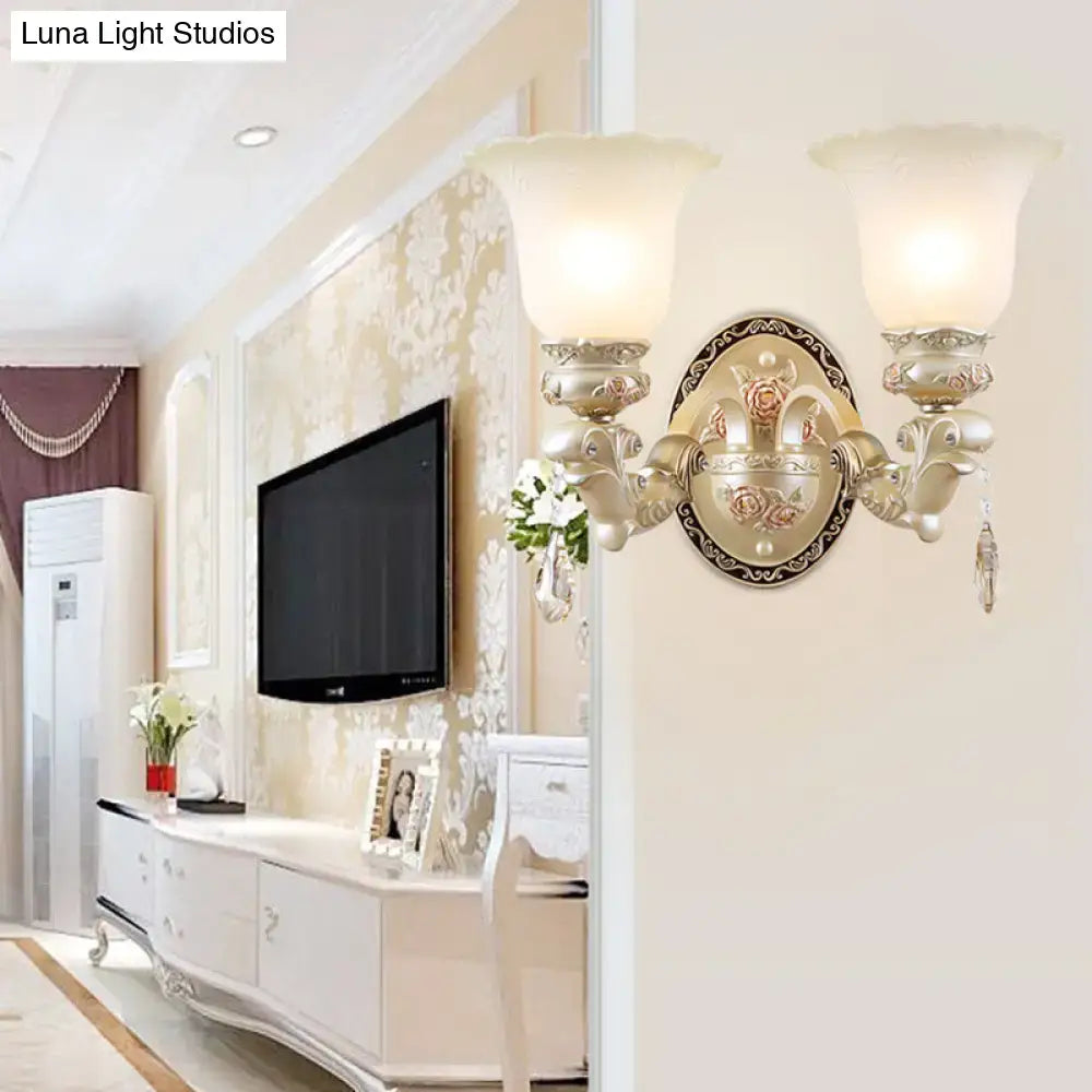 Antique gold-finished vintage petal glass wall sconce with ornate floral detailing and frosted shades 110v-120v living room light
