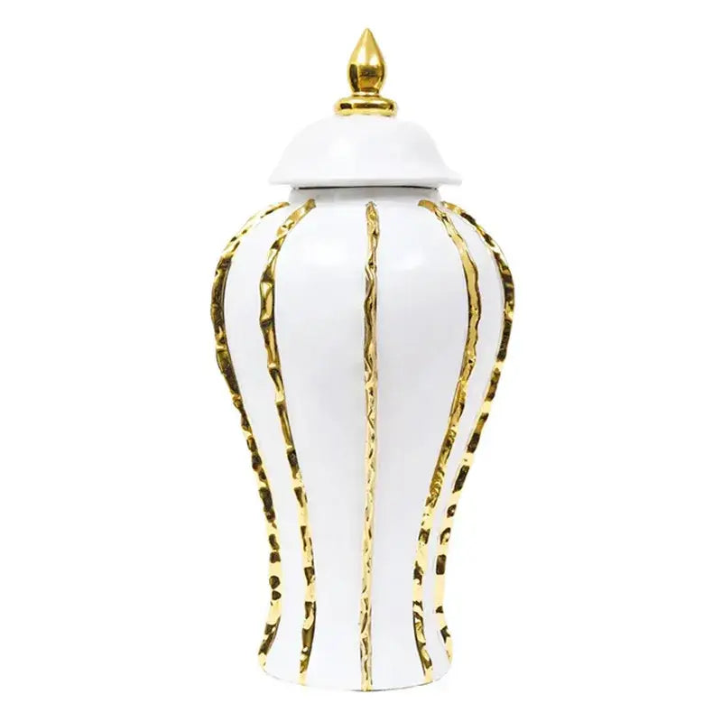 Vintage porcelain vase in white ceramic with gold-toned textured stripes and a matching gold rim lid for living room decor