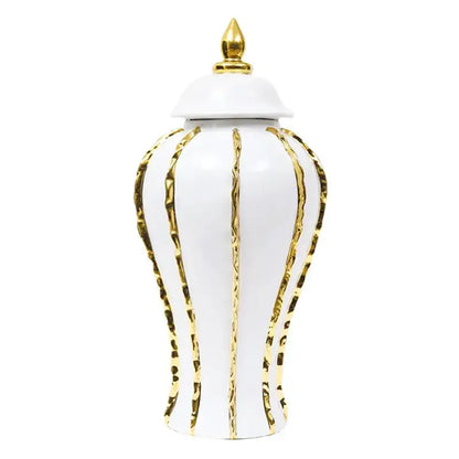 Vintage porcelain vase in white ceramic with gold-toned textured stripes and a matching gold rim lid for living room decor