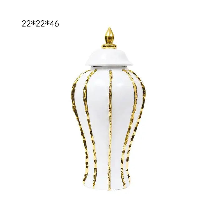 Vintage porcelain vase white ceramic pot with gold rim vertical stripes and matching lid for living room decor