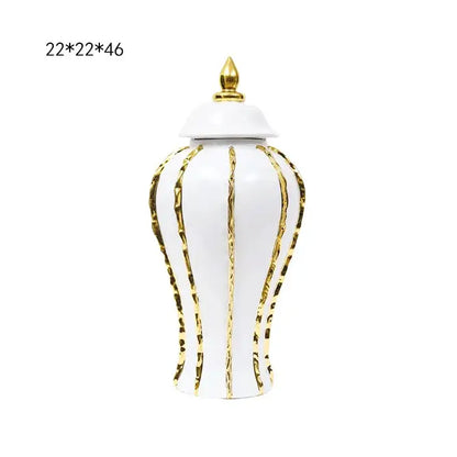 Vintage porcelain vase white ceramic pot with gold rim vertical stripes and matching lid for living room decor