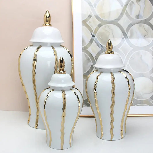 Vintage porcelain vase white ceramic with gold rim zigzag accents and matching lid for living room decor