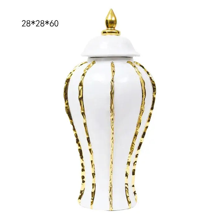 Vintage porcelain vase white ceramic pot with gold rim vertical stripes and matching lid for living room decor