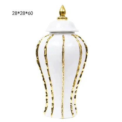 Vintage porcelain vase white ceramic pot with gold rim vertical stripes and matching lid for living room decor