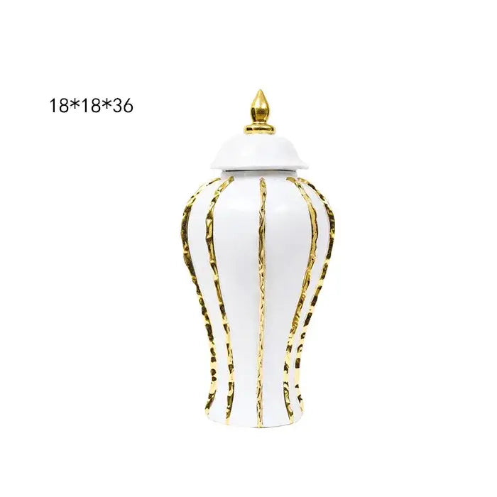 Vintage porcelain vase white ceramic jar with gold rim vertical stripes and matching lid for living room decor