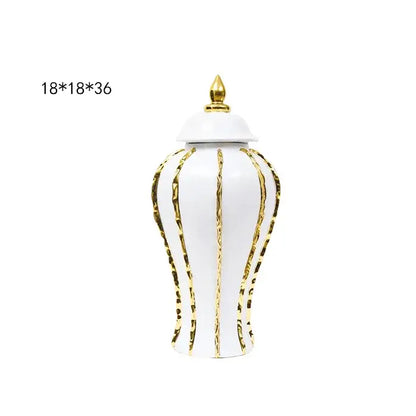 Vintage porcelain vase white ceramic jar with gold rim vertical stripes and matching lid for living room decor