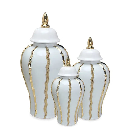 Set of three vintage porcelain vases in white with gold rim wavy stripes and matching lids for living room decor