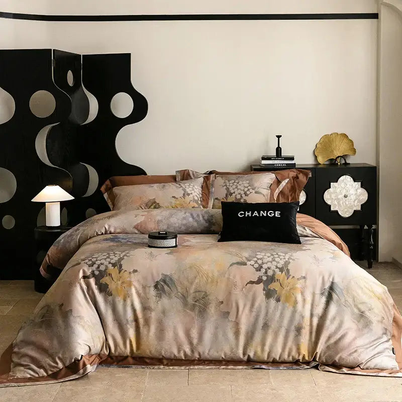 Beige and gold floral patterned satin duvet set with brown accents in vintage purple decorbites 1000tc egyptian cotton bedding set
