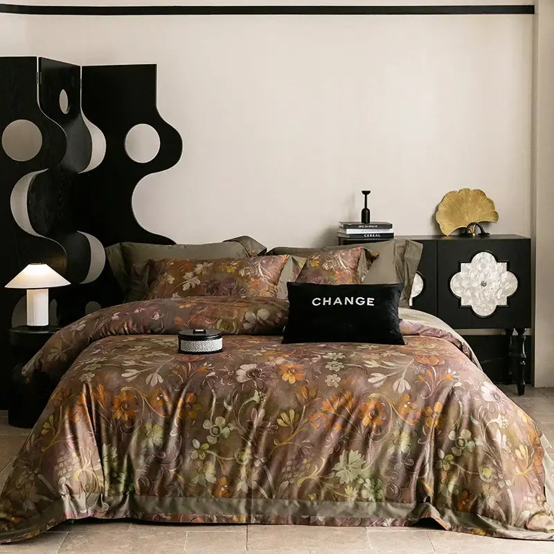 Brown floral duvet cover with subtle sheen and orange green patterns in vintage purple floral 1000tc egyptian cotton bedding set