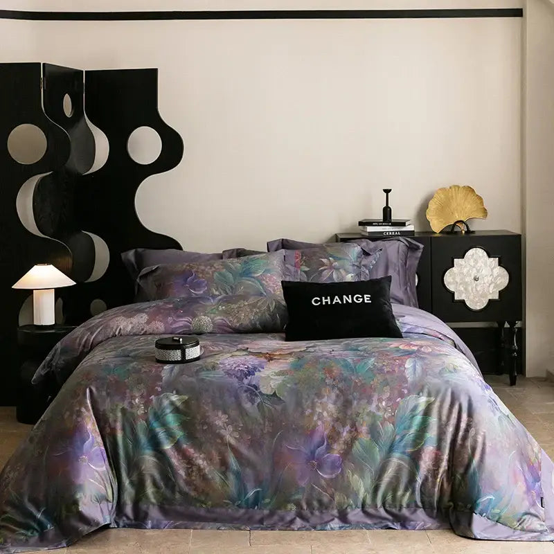 Vintage purple floral duvet cover with silky sheen and intricate botanical pattern in decorbites 1000tc egyptian cotton bedding set