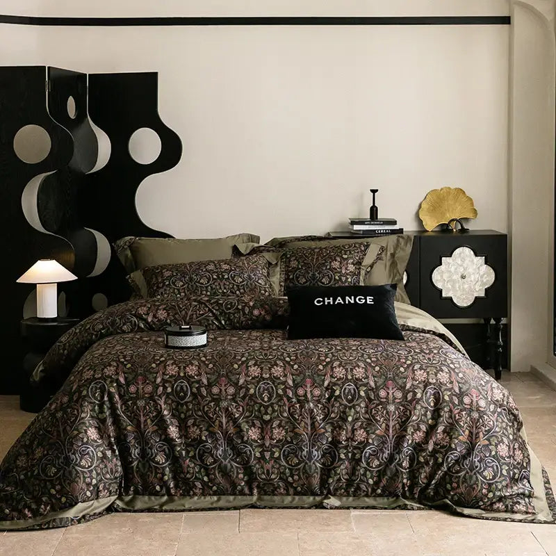 Dark brown and olive green patterned duvet set with intricate floral embroidery in vintage purple 1000tc egyptian cotton bedding set by decorbites
