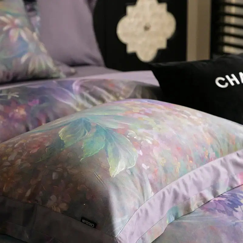 Soft lavender satin pillowcase with watercolor floral design in decorbites 1000tc egyptian cotton bedding set